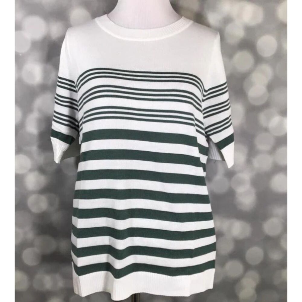 LuLaRoe Jaycee Knit Sweater M Green White Stripe Soft Lightweight Pullover